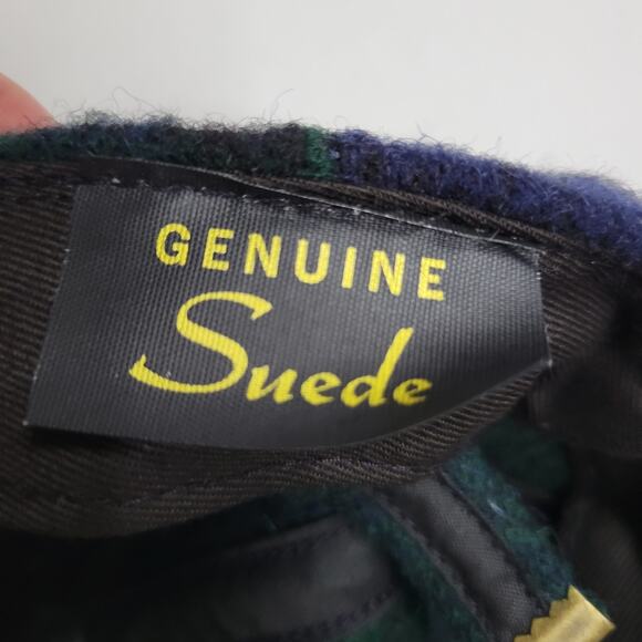 Lands' End Wool Blue Green Plaid Cap Tan Genuine Suede Bill Adjustable - Picture 7 of 7
